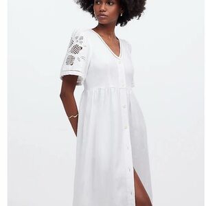 White Button-Front Midi Dress with Eyelet Sleeves